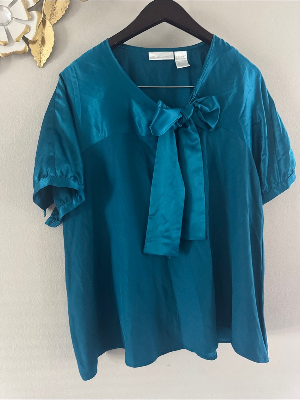 Worthington Teal Bow Tie Short Sleeve Blouse